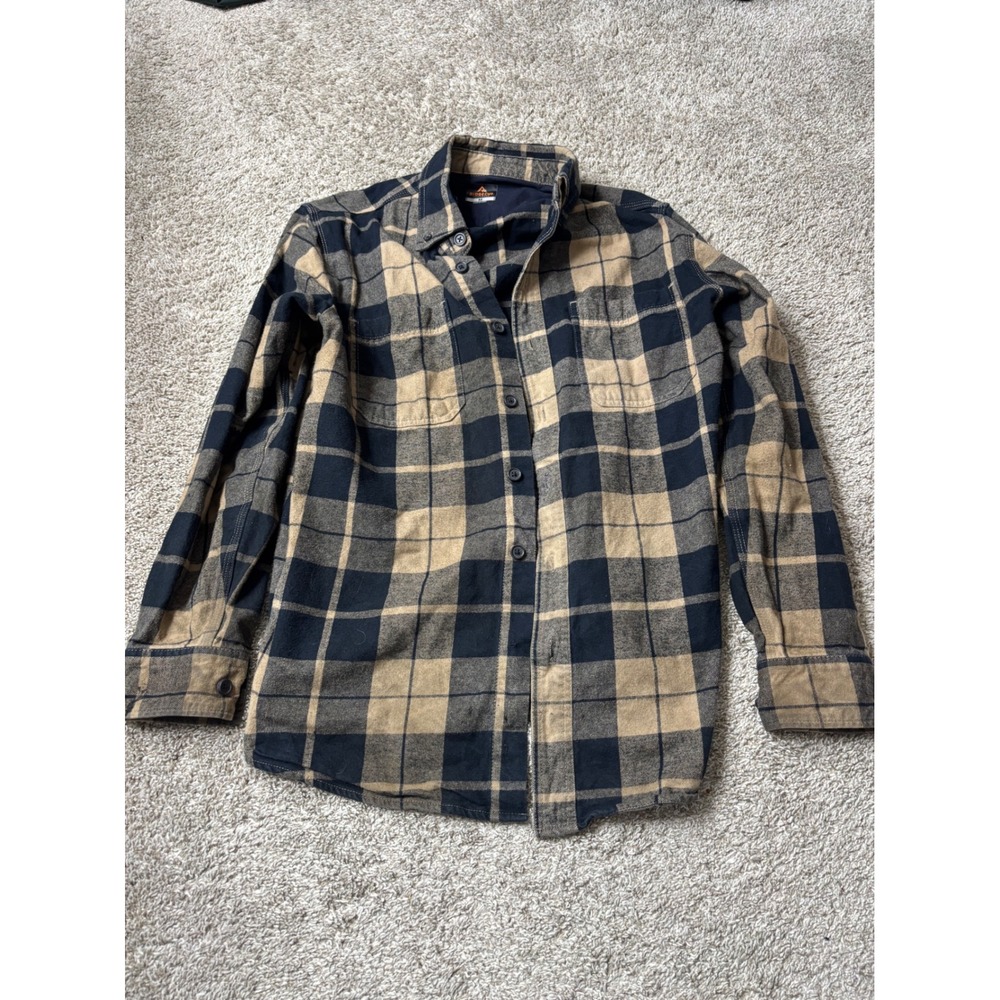 Ridgecut Toughwear Mens Medium Flannel Shirt Tan Black Plaid Button Down L/S